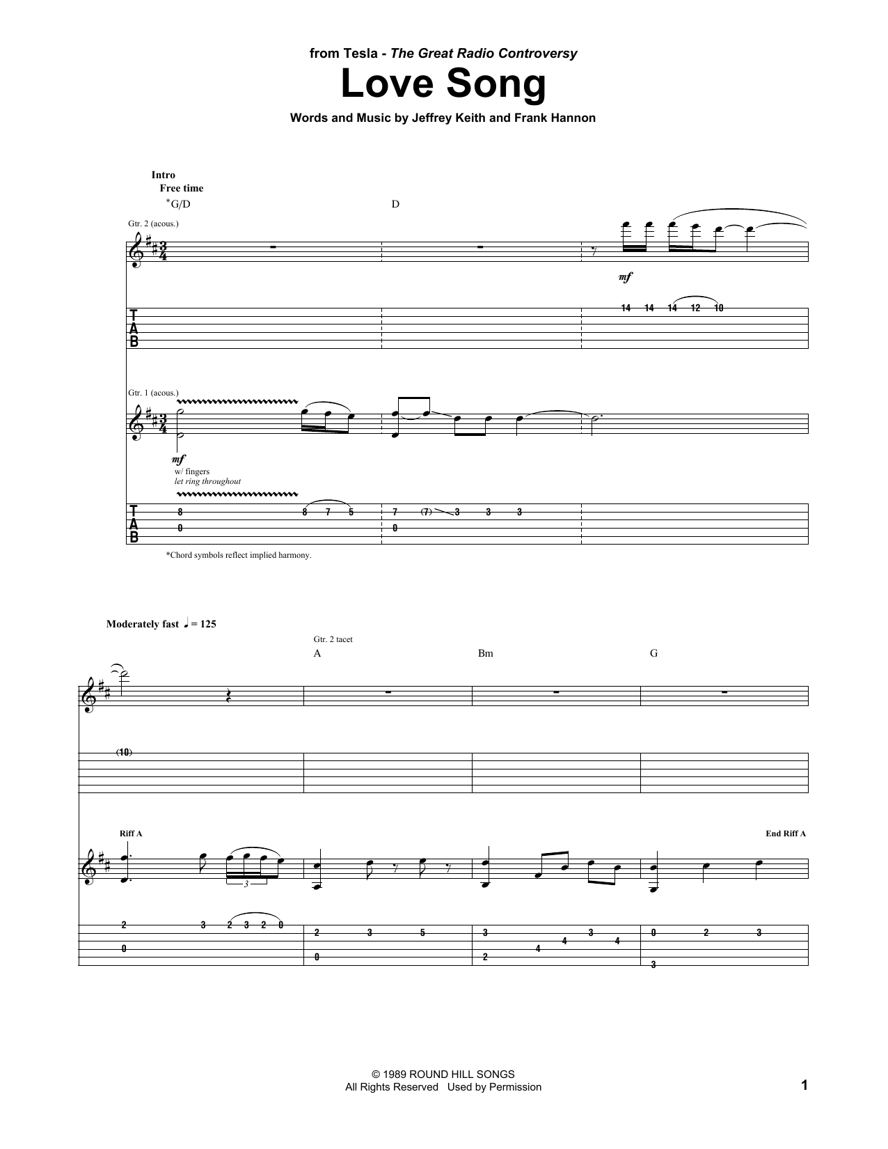 Download Tesla Love Song Sheet Music and learn how to play Guitar Lead Sheet PDF digital score in minutes