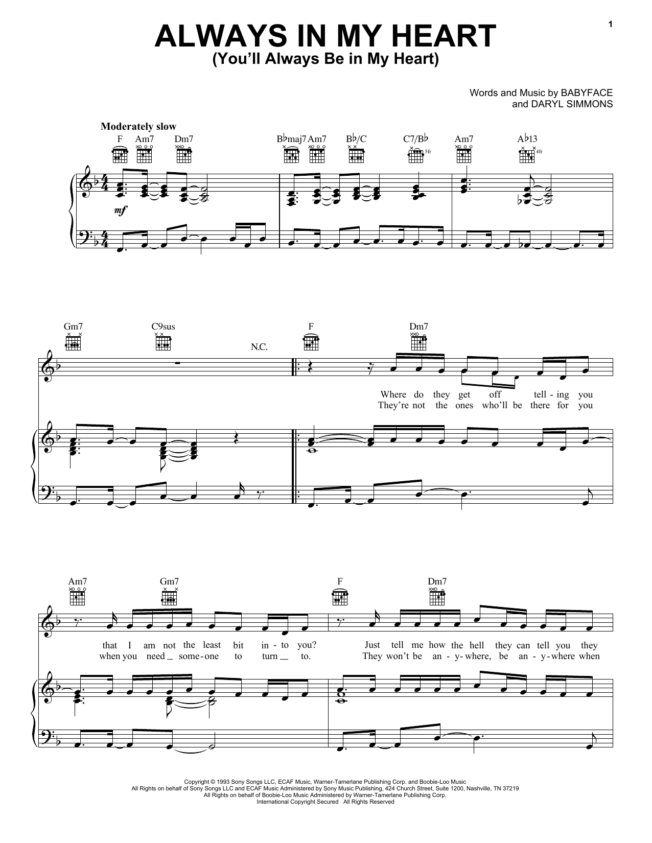 Download Tevin Campbell Always In My Heart (You'll Always Be In My Heart) Sheet Music and learn how to play Piano, Vocal & Guitar Chords (Right-Hand Melody) PDF digital score in minutes
