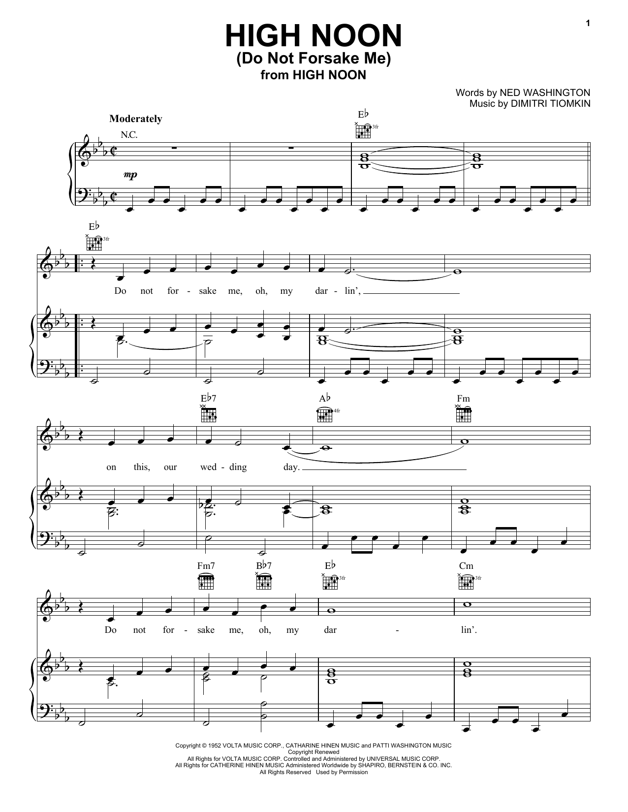 Download Tex Ritter High Noon (Do Not Forsake Me) Sheet Music and learn how to play Piano, Vocal & Guitar (Right-Hand Melody) PDF digital score in minutes