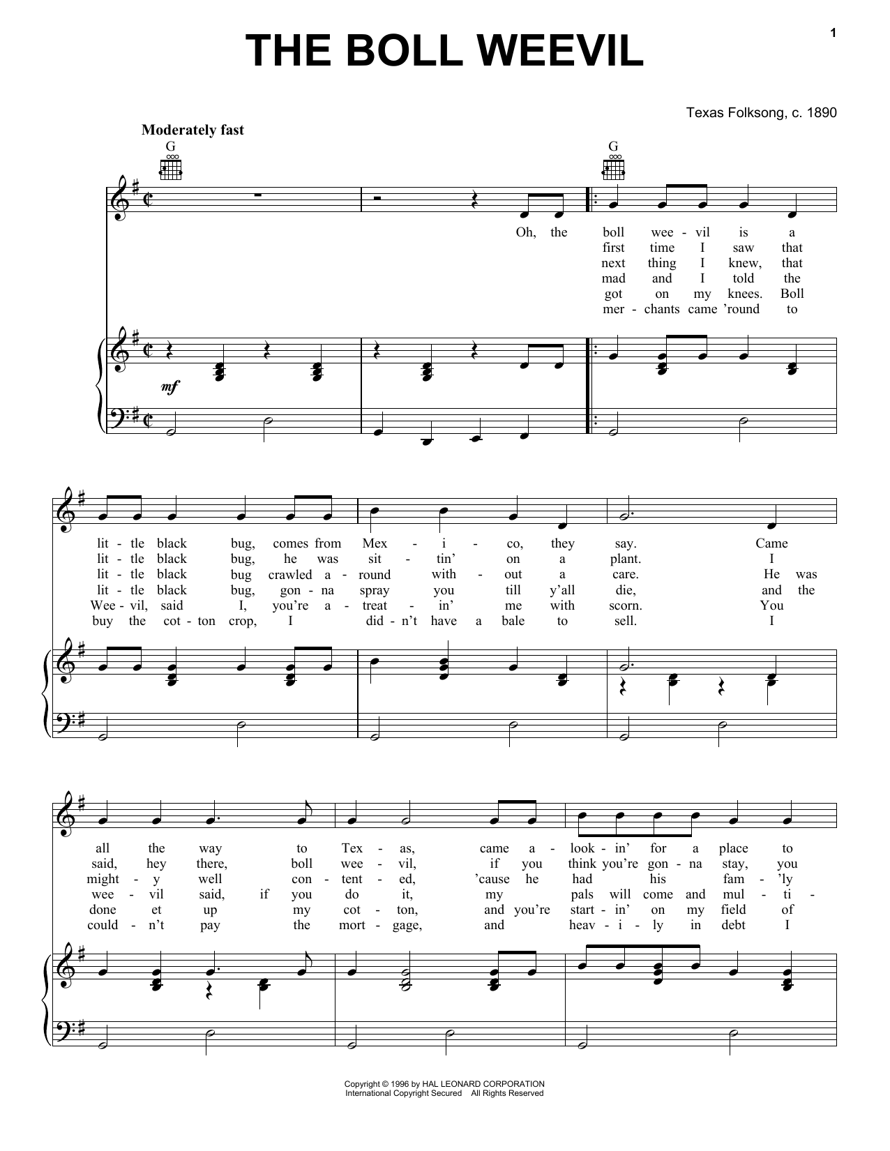 Download Texas Folksong The Boll Weevil Sheet Music and learn how to play Piano, Vocal & Guitar (Right-Hand Melody) PDF digital score in minutes