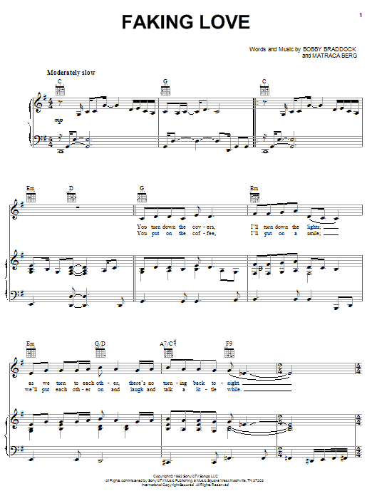 Download T.G. Sheppard Faking Love Sheet Music and learn how to play Piano, Vocal & Guitar (Right-Hand Melody) PDF digital score in minutes