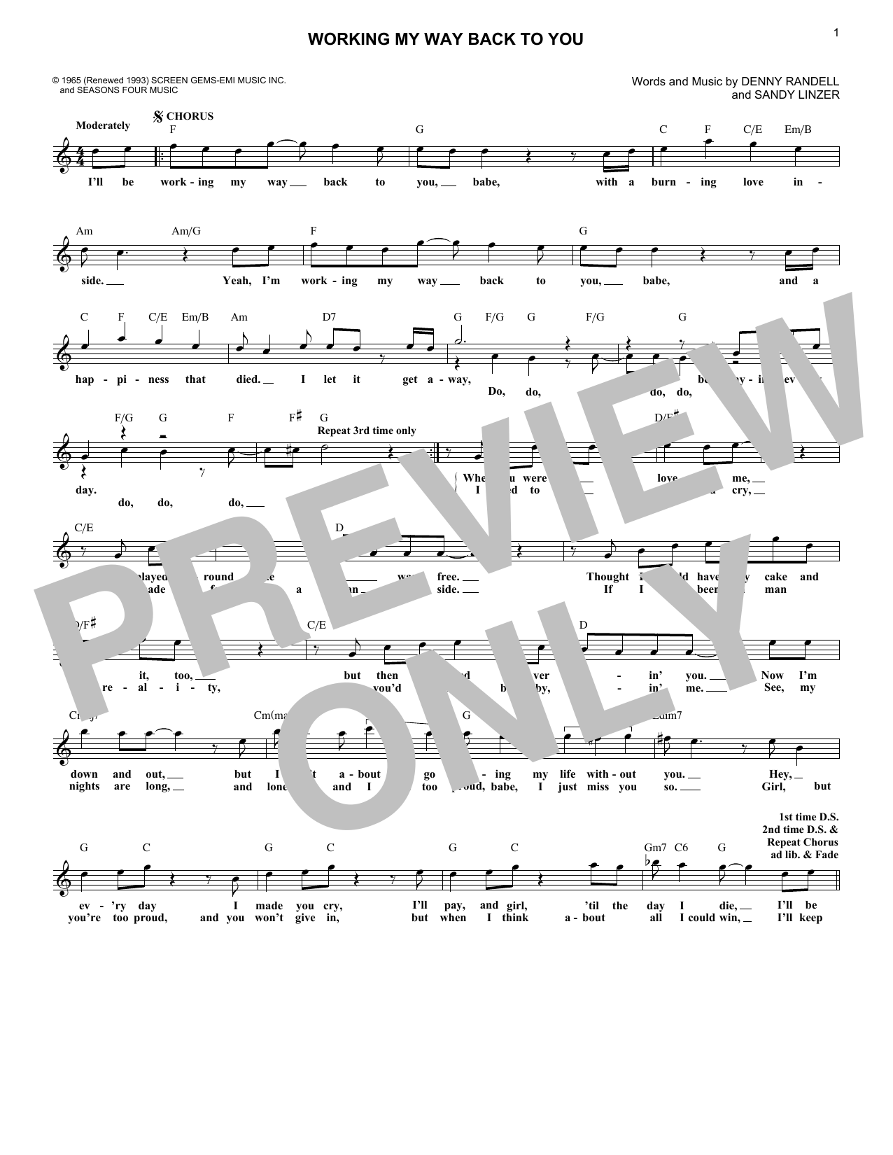 Download The 4 Seasons Working My Way Back To You Sheet Music and learn how to play Melody Line, Lyrics & Chords PDF digital score in minutes