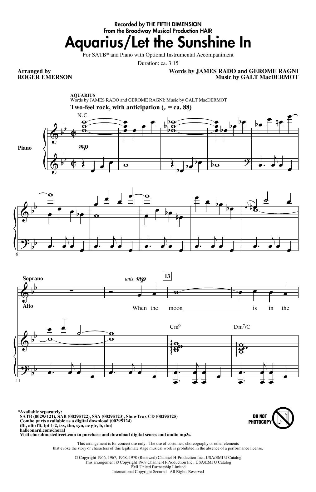 Download The 5th Dimension Aquarius / Let the Sunshine In (from the musical Hair) (arr. Roger Emerson) Sheet Music and learn how to play SATB Choir PDF digital score in minutes