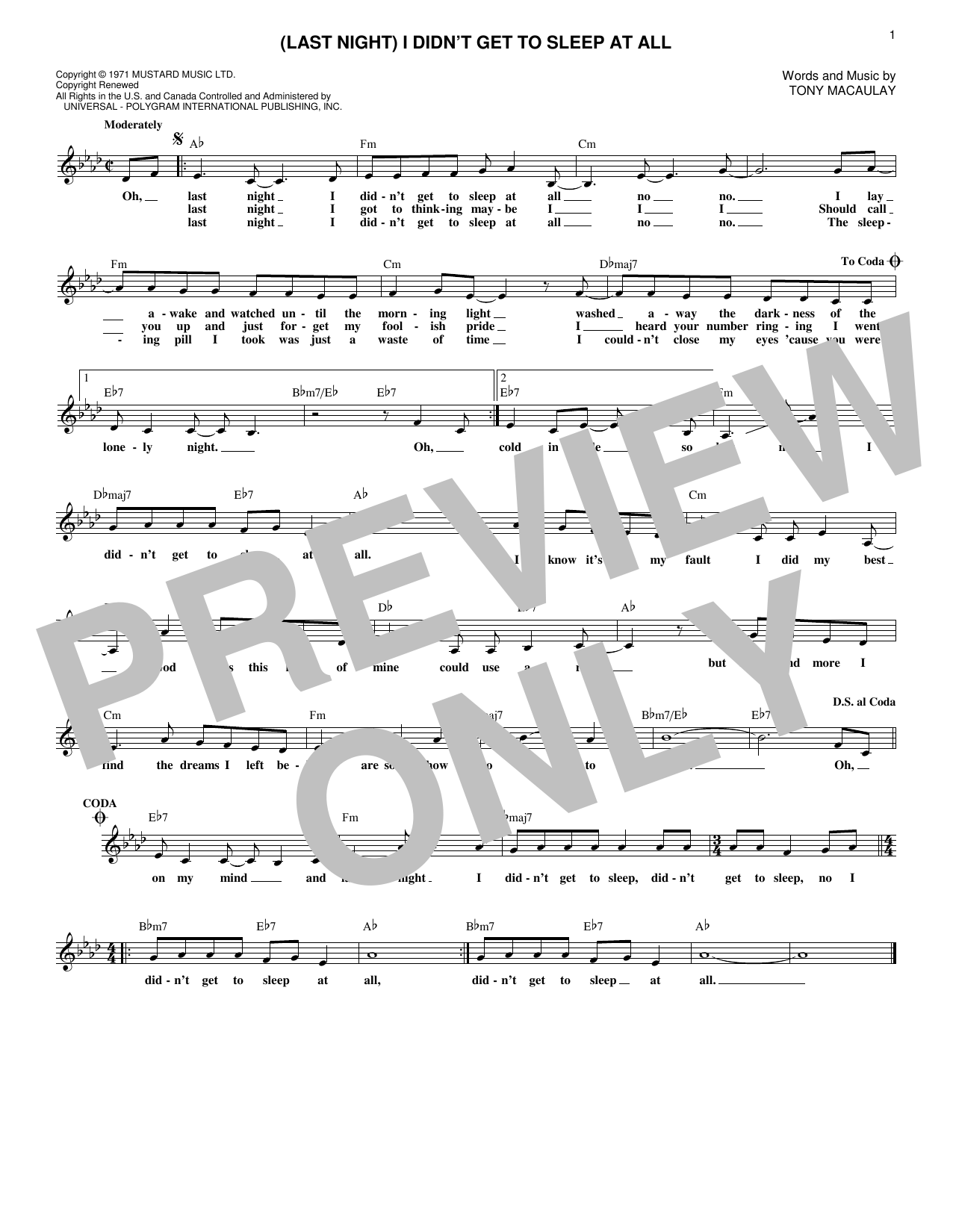 Download Tony Macaulay (Last Night) I Didn't Get To Sleep At All Sheet Music and learn how to play Melody Line, Lyrics & Chords PDF digital score in minutes