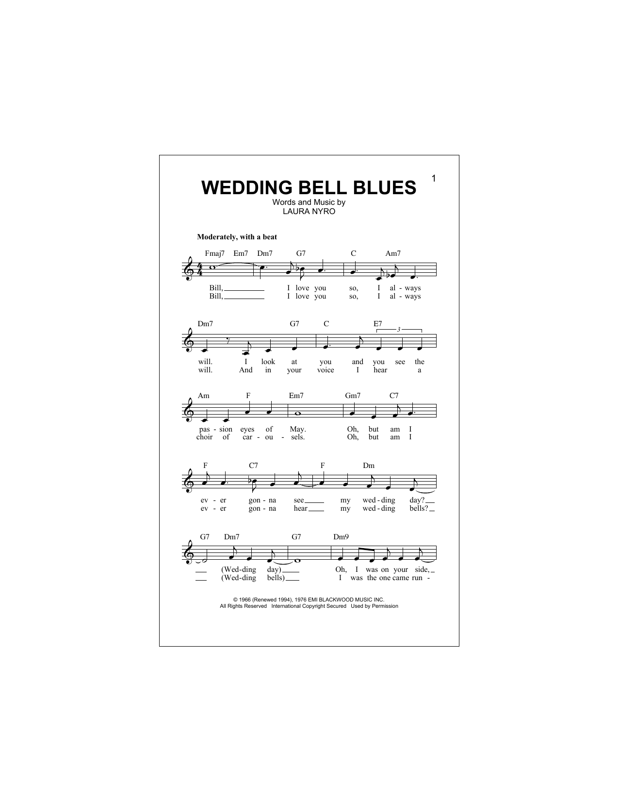 Download The 5th Dimension Wedding Bell Blues Sheet Music and learn how to play Lead Sheet / Fake Book PDF digital score in minutes