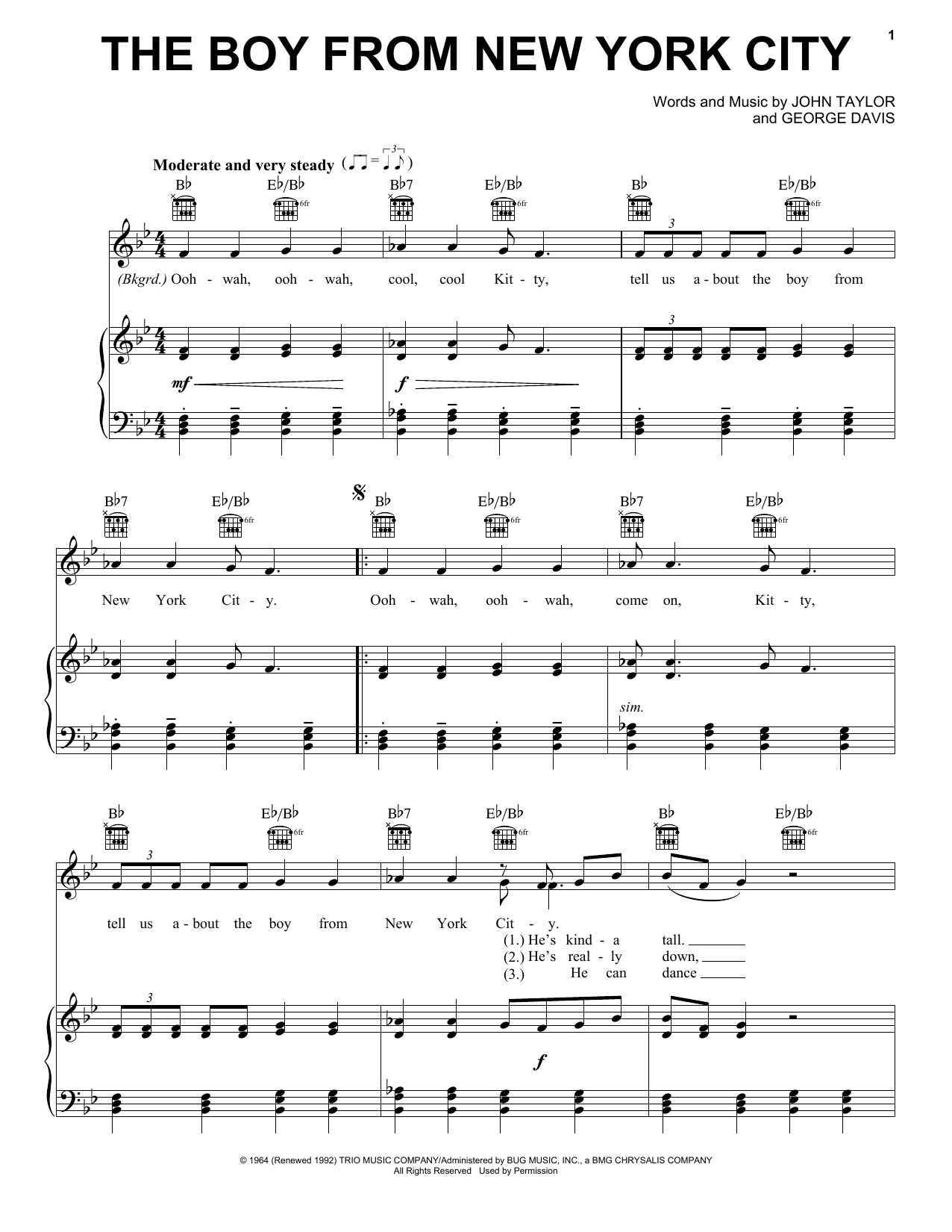 Download The Ad Libs The Boy From New York City Sheet Music and learn how to play Piano, Vocal & Guitar (Right-Hand Melody) PDF digital score in minutes