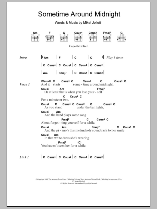 Download The Airborne Toxic Event Sometime Around Midnight Sheet Music and learn how to play Lyrics & Chords PDF digital score in minutes