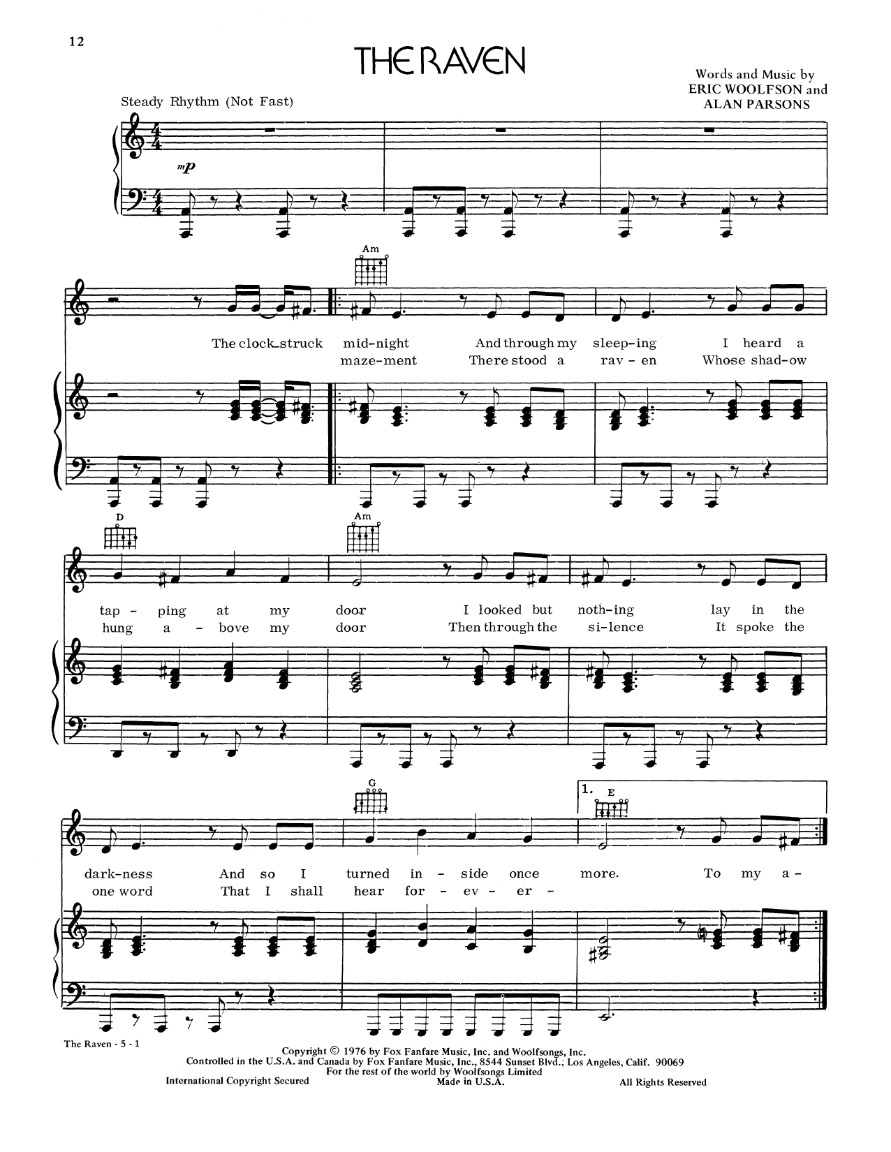 Download Alan Parsons Project The Raven Sheet Music and learn how to play Piano, Vocal & Guitar (Right-Hand Melody) PDF digital score in minutes