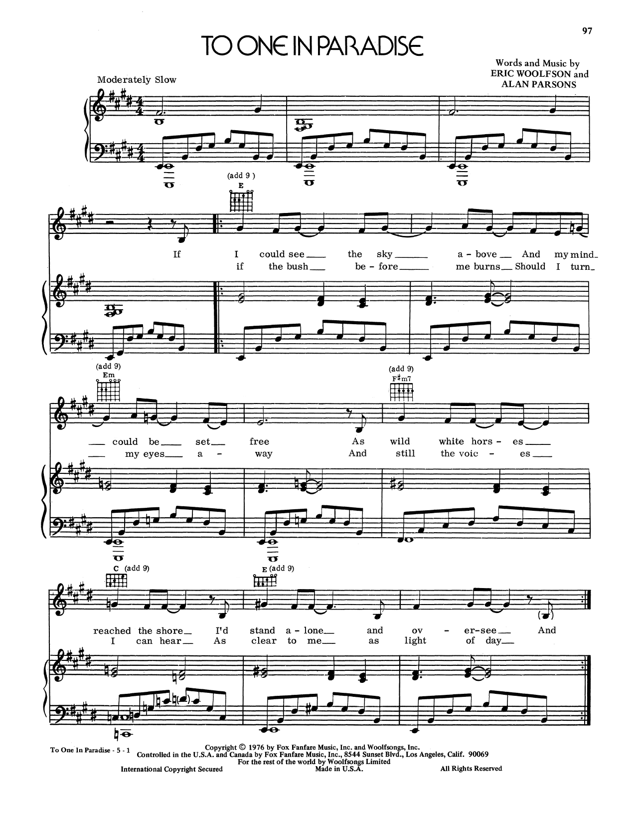 Download Alan Parsons Project To One In Paradise Sheet Music and learn how to play Piano, Vocal & Guitar (Right-Hand Melody) PDF digital score in minutes