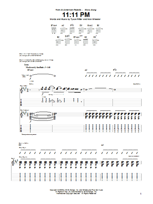 Download The All-American Rejects 11.11 PM Sheet Music and learn how to play Guitar Tab PDF digital score in minutes