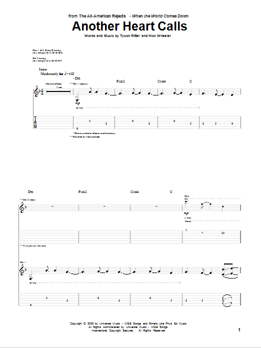 Download The All-American Rejects Another Heart Calls Sheet Music and learn how to play Guitar Tab PDF digital score in minutes