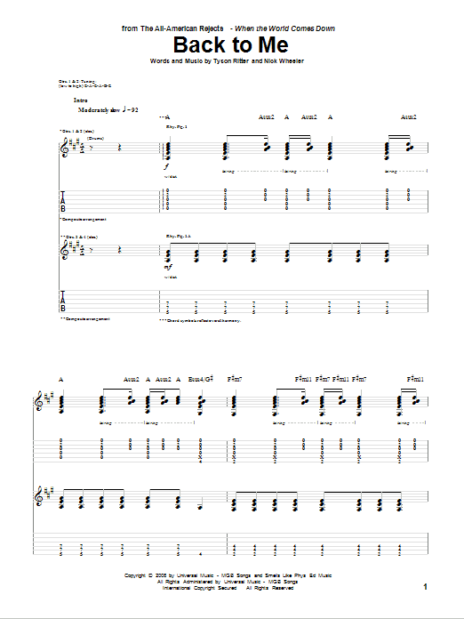 Download The All-American Rejects Back To Me Sheet Music and learn how to play Guitar Tab PDF digital score in minutes