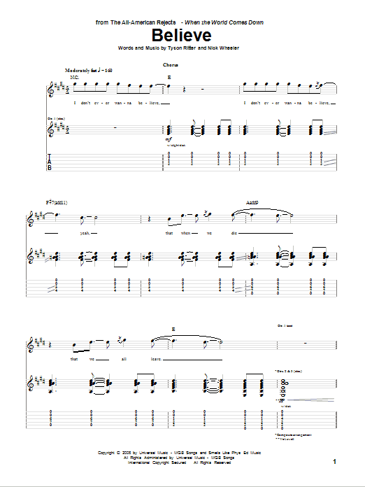 Download The All-American Rejects Believe Sheet Music and learn how to play Guitar Tab PDF digital score in minutes