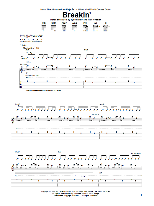 Download The All-American Rejects Breakin' Sheet Music and learn how to play Guitar Tab PDF digital score in minutes