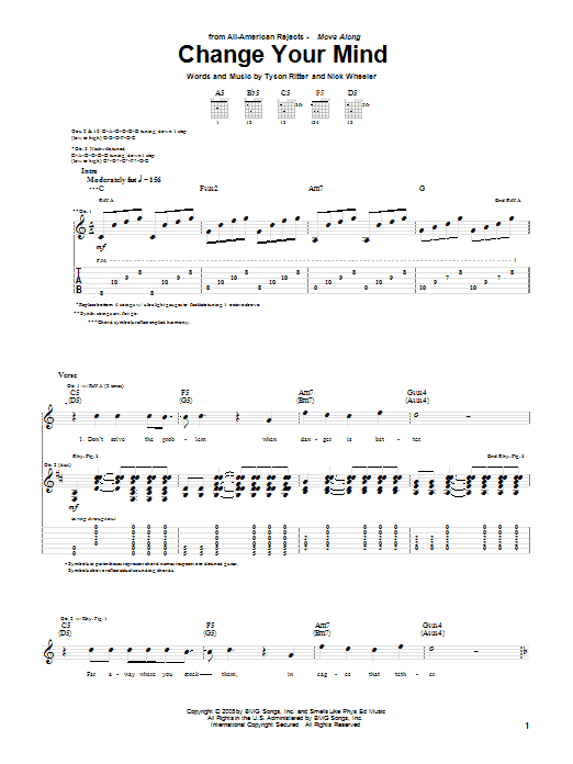 Download The All-American Rejects Change Your Mind Sheet Music and learn how to play Guitar Tab PDF digital score in minutes