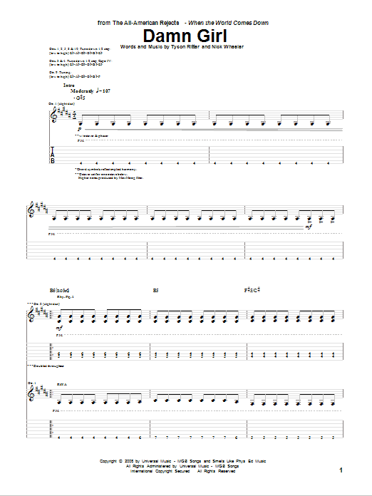 Download The All-American Rejects Damn Girl Sheet Music and learn how to play Guitar Tab PDF digital score in minutes