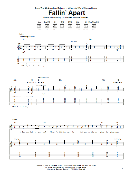 Download The All-American Rejects Fallin' Apart Sheet Music and learn how to play Guitar Tab PDF digital score in minutes