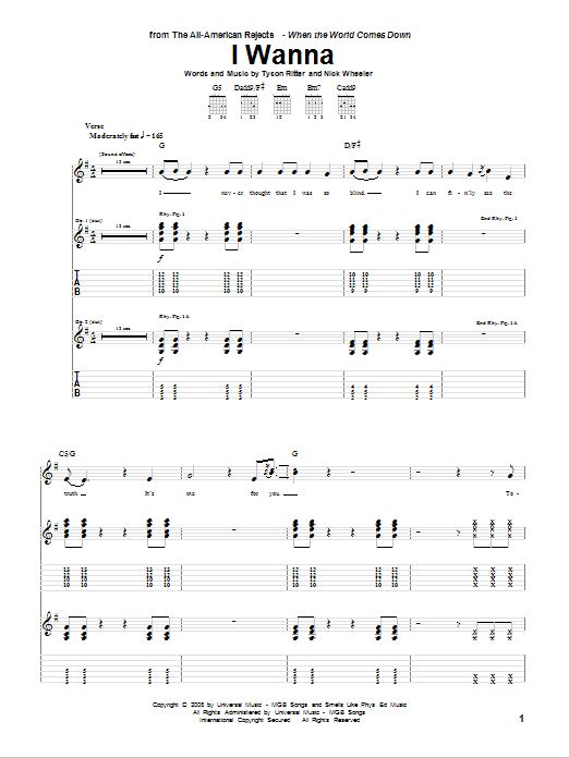 Download The All-American Rejects I Wanna Sheet Music and learn how to play Guitar Tab PDF digital score in minutes