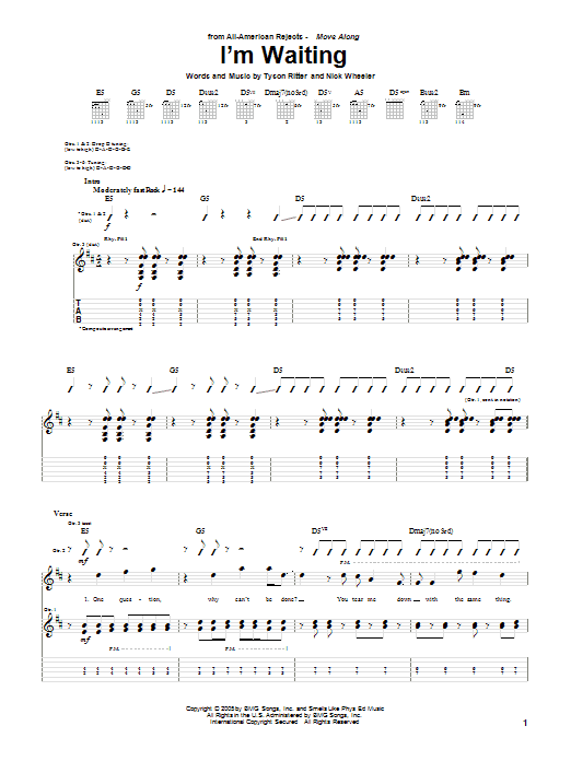 Download The All-American Rejects I'm Waiting Sheet Music and learn how to play Guitar Tab PDF digital score in minutes