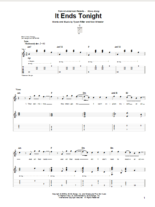 Download The All-American Rejects It Ends Tonight Sheet Music and learn how to play Piano, Vocal & Guitar (Right-Hand Melody) PDF digital score in minutes