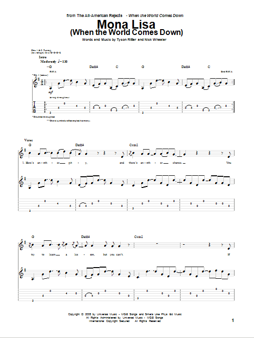 Download The All-American Rejects Mona Lisa (When The World Comes Down) Sheet Music and learn how to play Guitar Tab PDF digital score in minutes