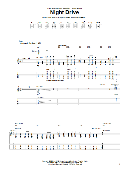 Download The All-American Rejects Night Drive Sheet Music and learn how to play Guitar Tab PDF digital score in minutes