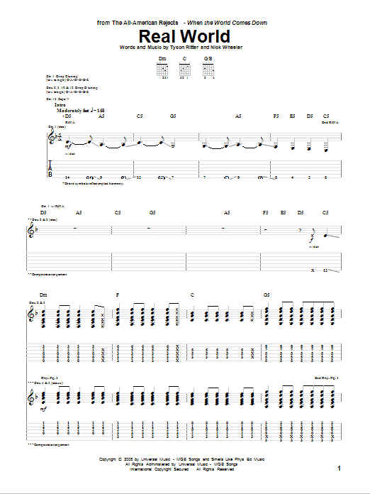 Download The All-American Rejects Real World Sheet Music and learn how to play Guitar Tab PDF digital score in minutes