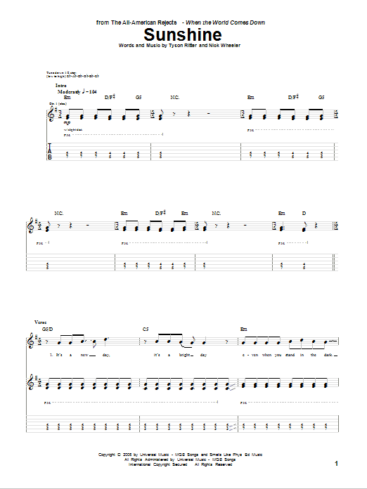 Download The All-American Rejects Sunshine Sheet Music and learn how to play Guitar Tab PDF digital score in minutes
