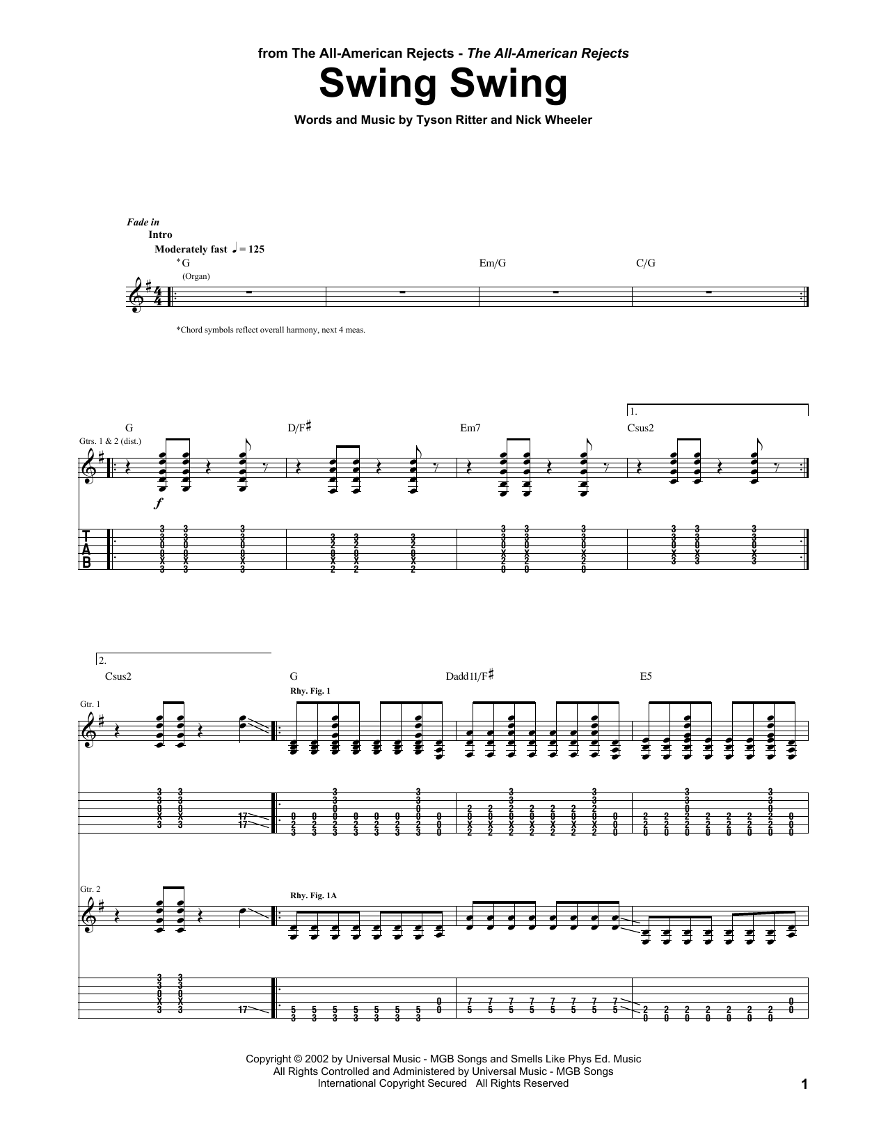 Download The All-American Rejects Swing Swing Sheet Music and learn how to play Guitar Tab PDF digital score in minutes