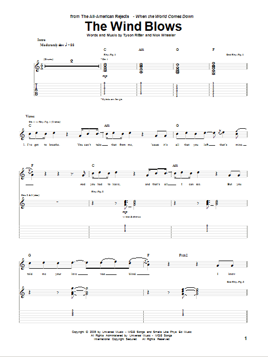 Download The All-American Rejects The Wind Blows Sheet Music and learn how to play Guitar Tab PDF digital score in minutes