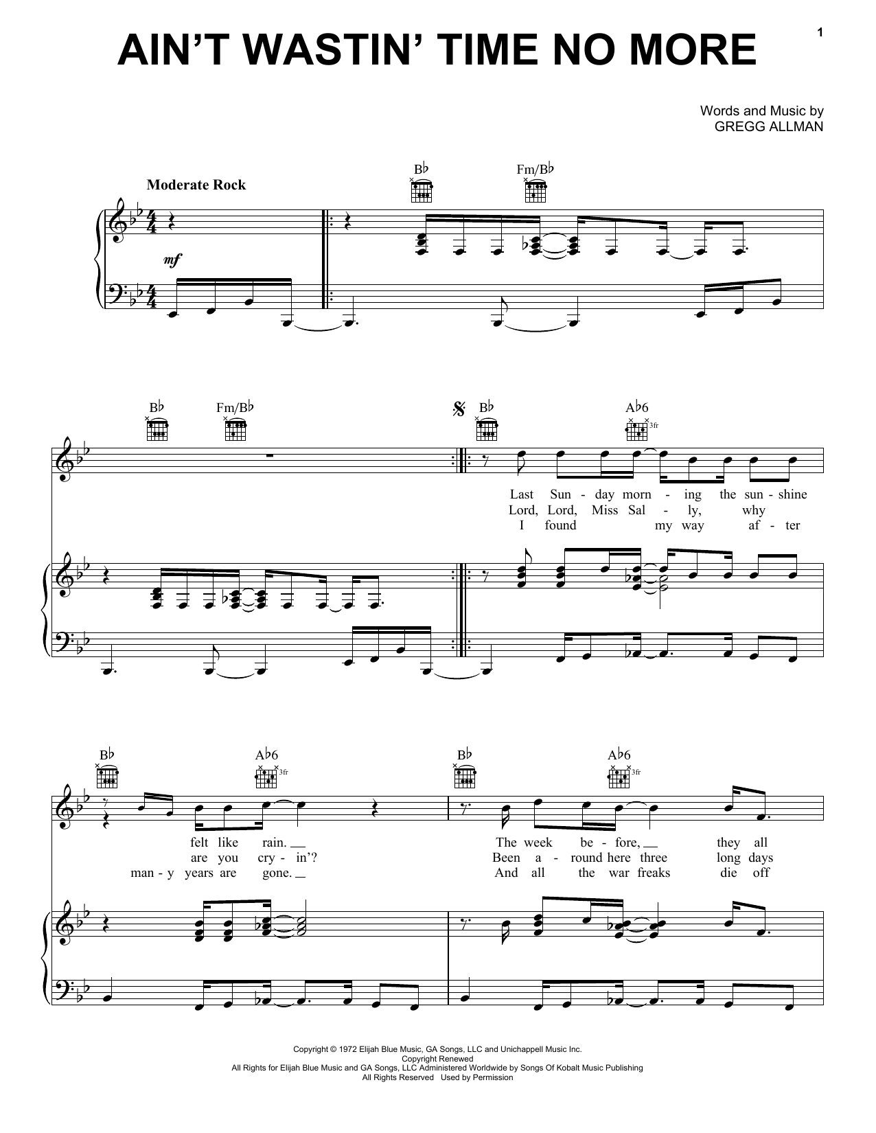 Download The Allman Brothers Band Ain't Wastin' Time No More Sheet Music and learn how to play Piano, Vocal & Guitar Chords (Right-Hand Melody) PDF digital score in minutes