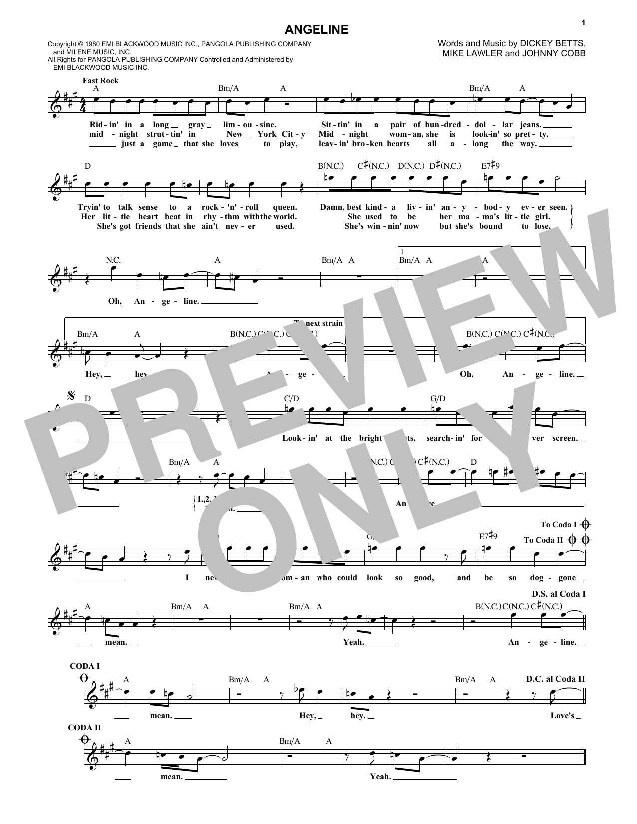 Download The Allman Brothers Band Angeline Sheet Music and learn how to play Melody Line, Lyrics & Chords PDF digital score in minutes