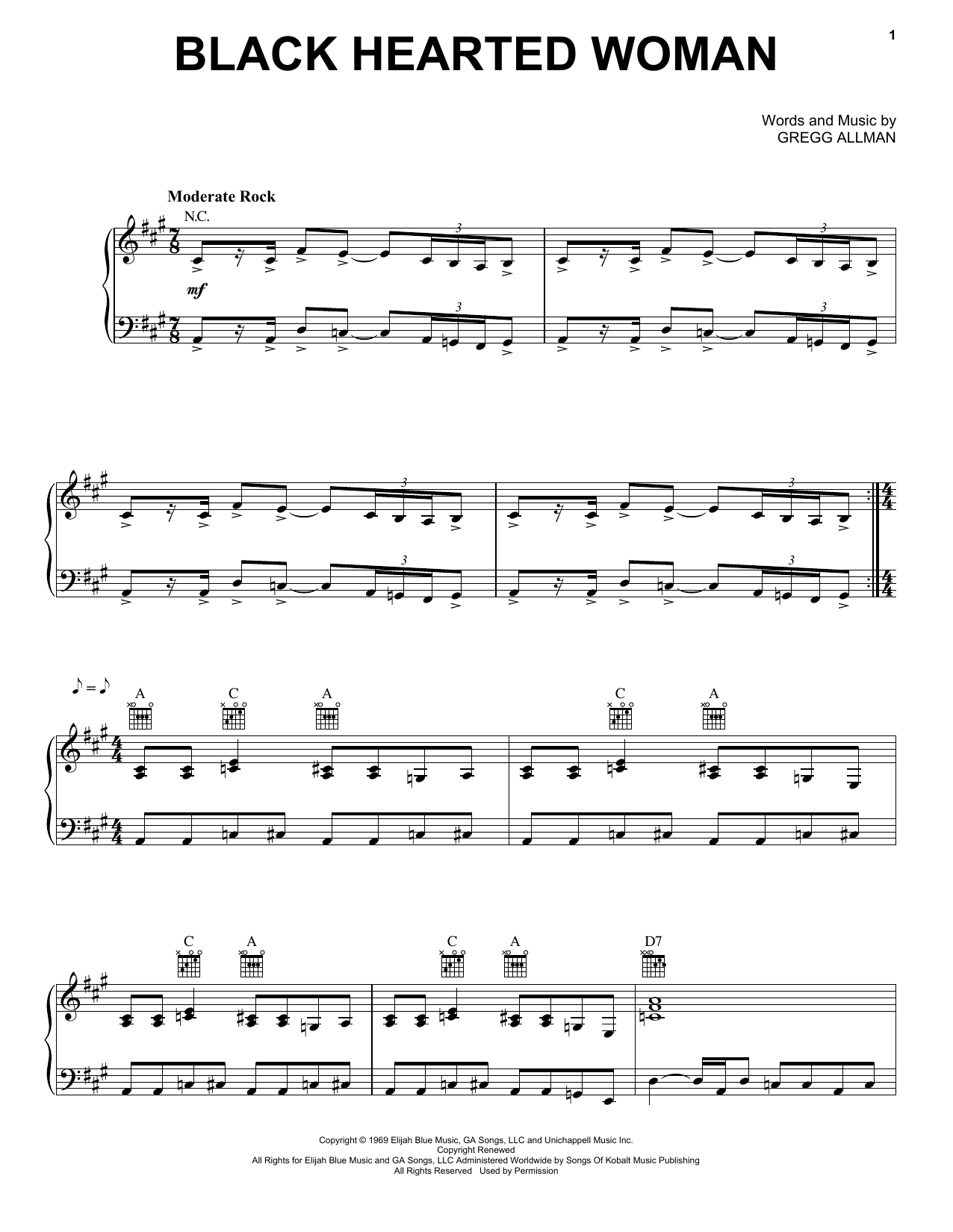 Download The Allman Brothers Band Black Hearted Woman Sheet Music and learn how to play Piano, Vocal & Guitar (Right-Hand Melody) PDF digital score in minutes