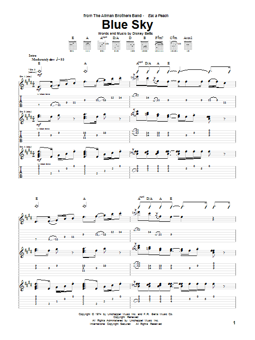 Download Allman Brothers Band Blue Sky Sheet Music and learn how to play Guitar Tab PDF digital score in minutes