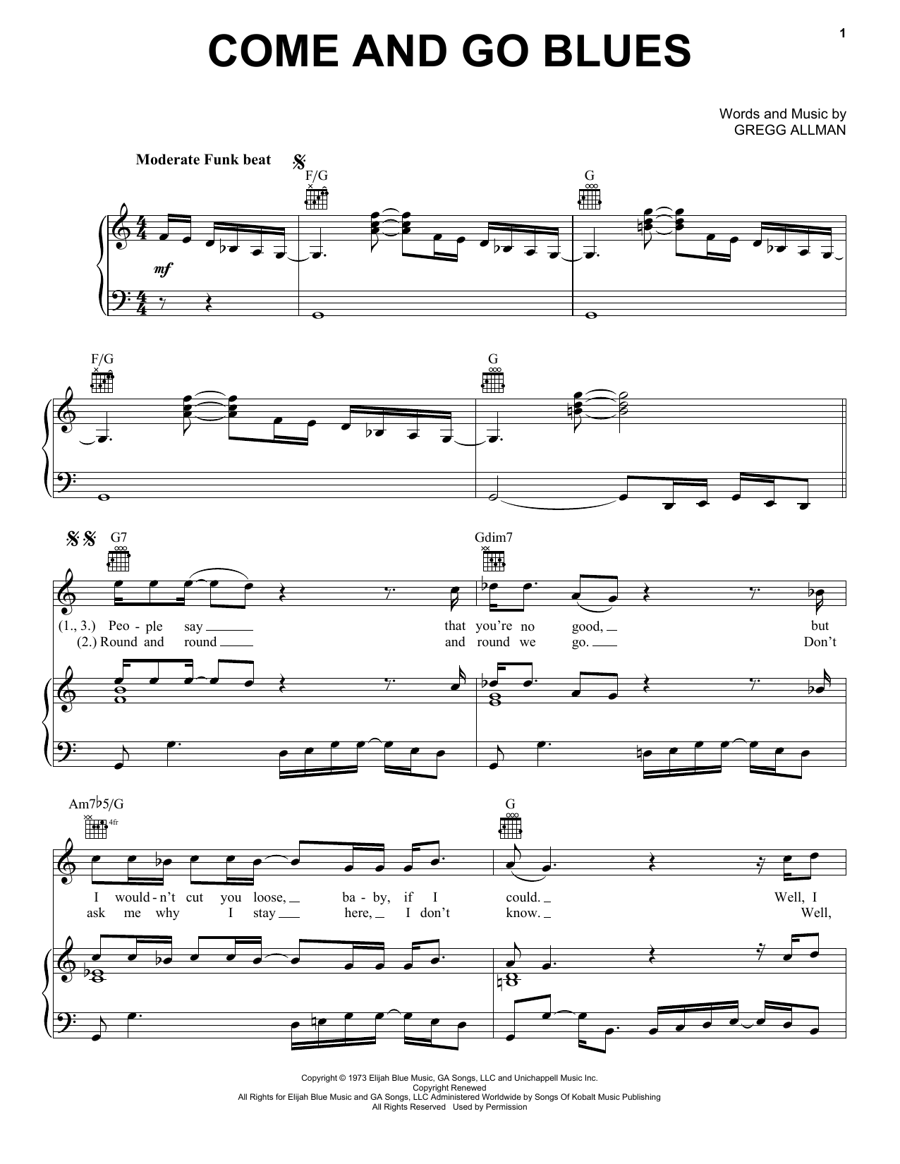 Download The Allman Brothers Band Come And Go Blues Sheet Music and learn how to play Piano, Vocal & Guitar Chords (Right-Hand Melody) PDF digital score in minutes