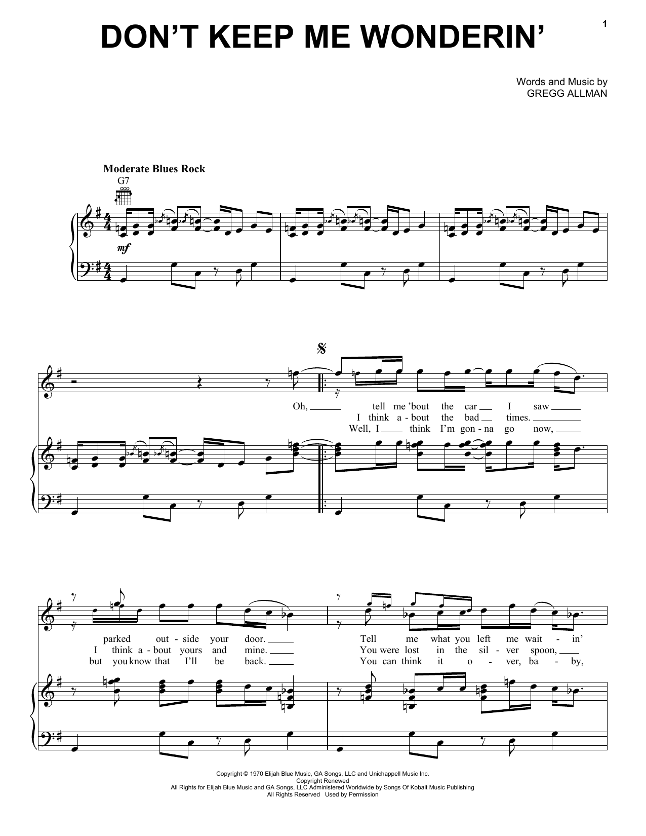 Download The Allman Brothers Band Don't Keep Me Wonderin' Sheet Music and learn how to play Piano, Vocal & Guitar Chords (Right-Hand Melody) PDF digital score in minutes