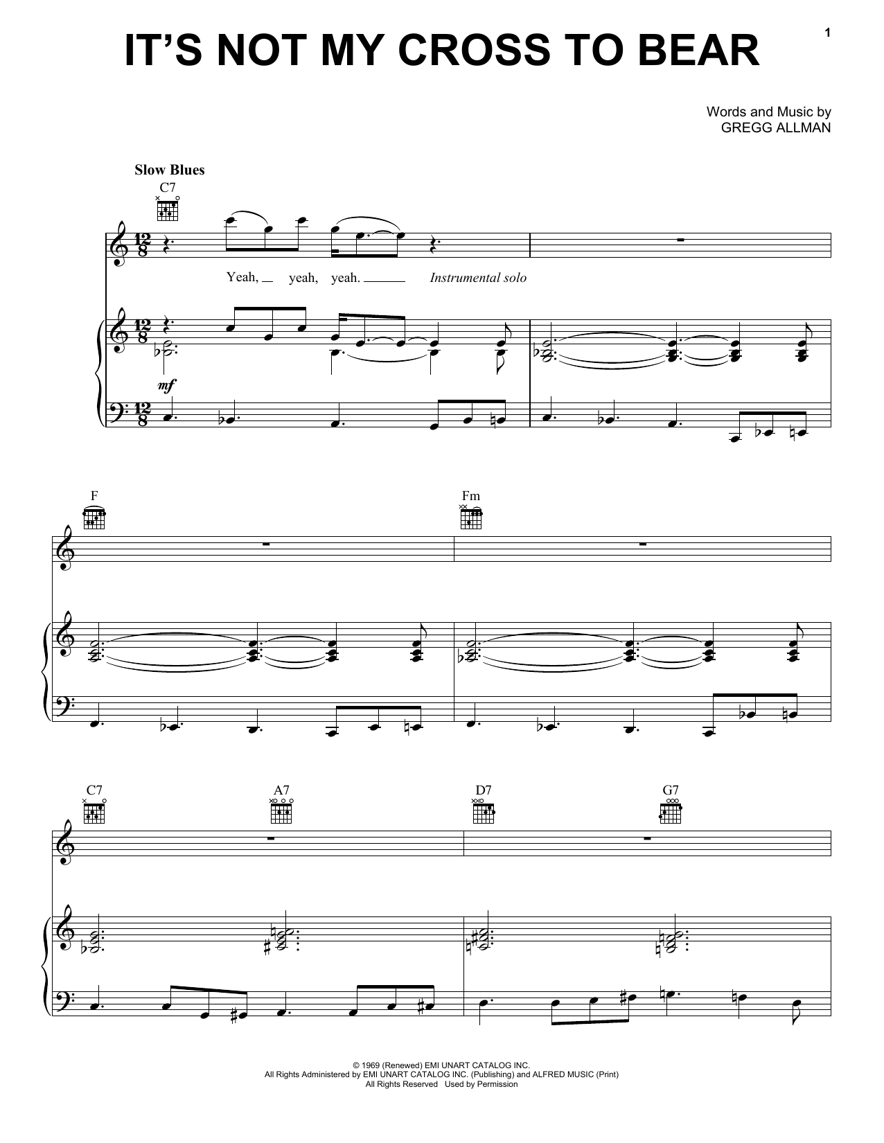 Download The Allman Brothers Band It's Not My Cross To Bear Sheet Music and learn how to play Piano, Vocal & Guitar Chords (Right-Hand Melody) PDF digital score in minutes