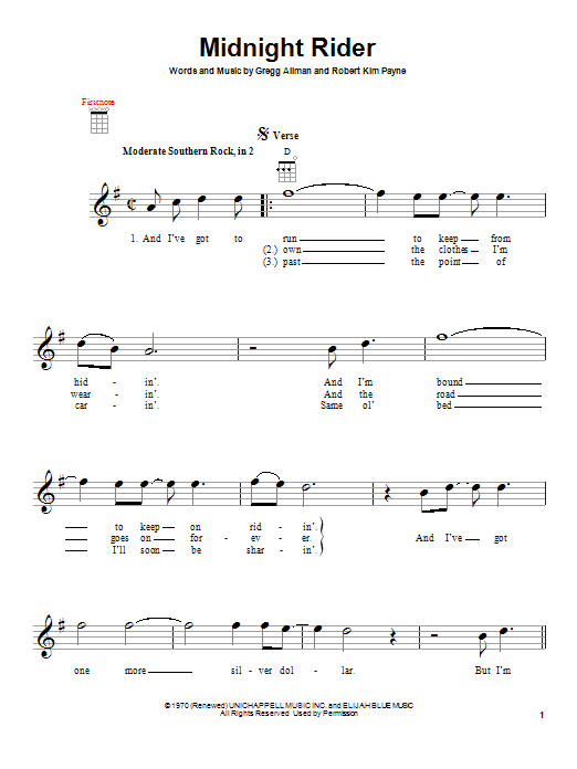 Download The Allman Brothers Band Midnight Rider Sheet Music and learn how to play Real Book – Melody, Lyrics & Chords PDF digital score in minutes