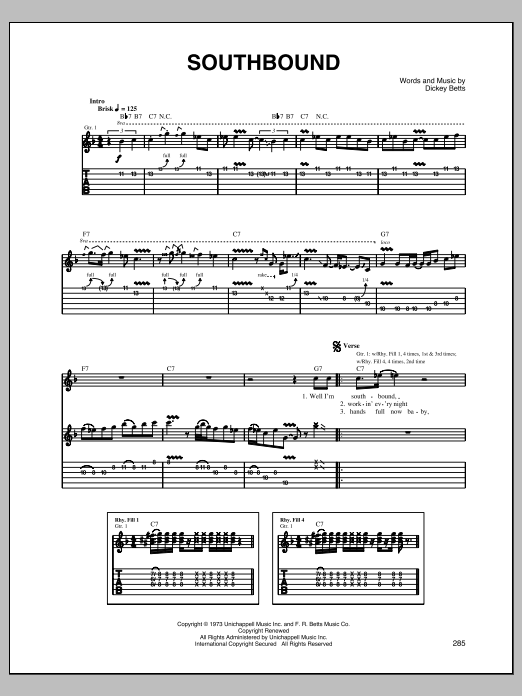 Download Allman Brothers Band Southbound Sheet Music and learn how to play Guitar Tab PDF digital score in minutes