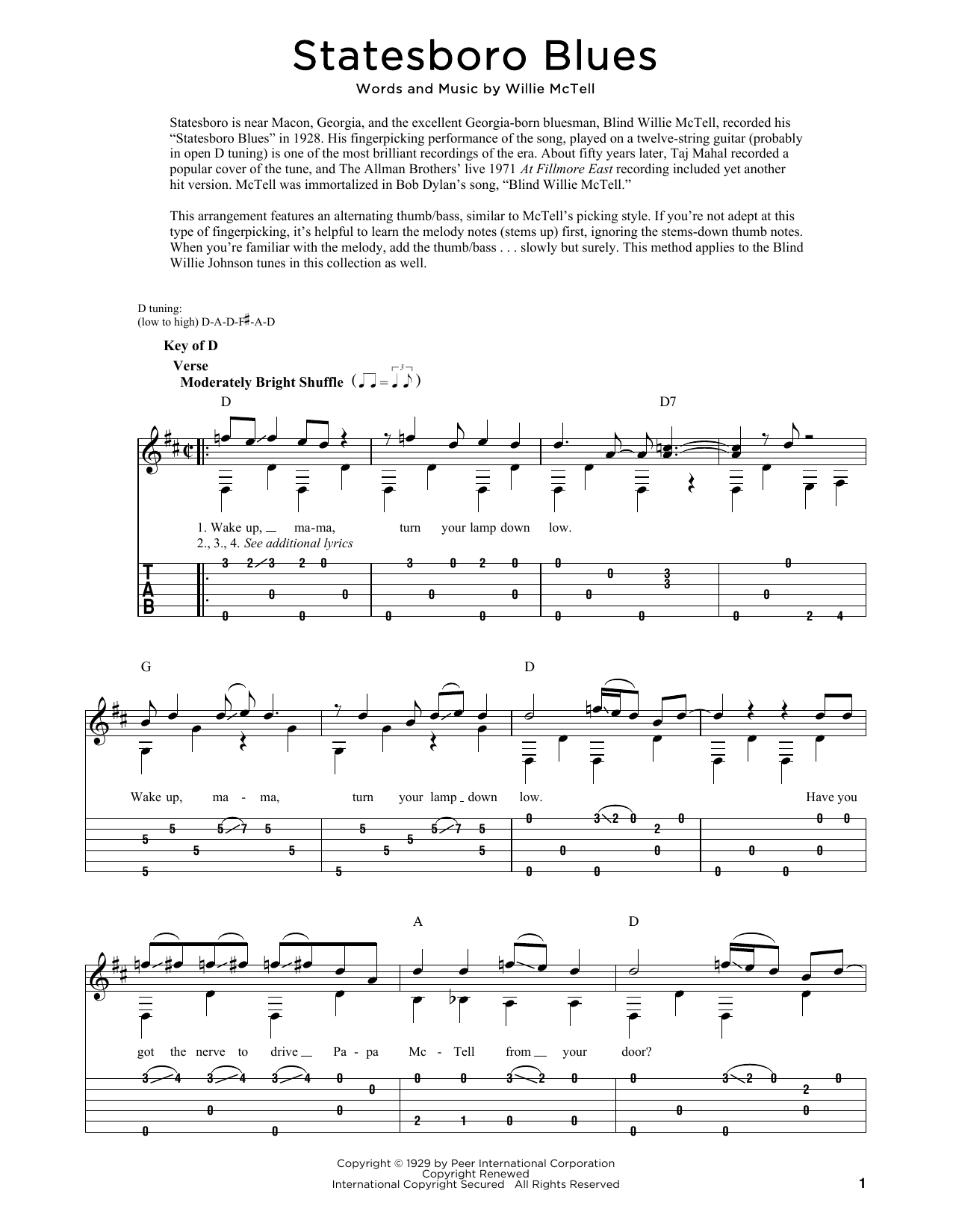 Download The Allman Brothers Band Statesboro Blues Sheet Music and learn how to play Dobro PDF digital score in minutes