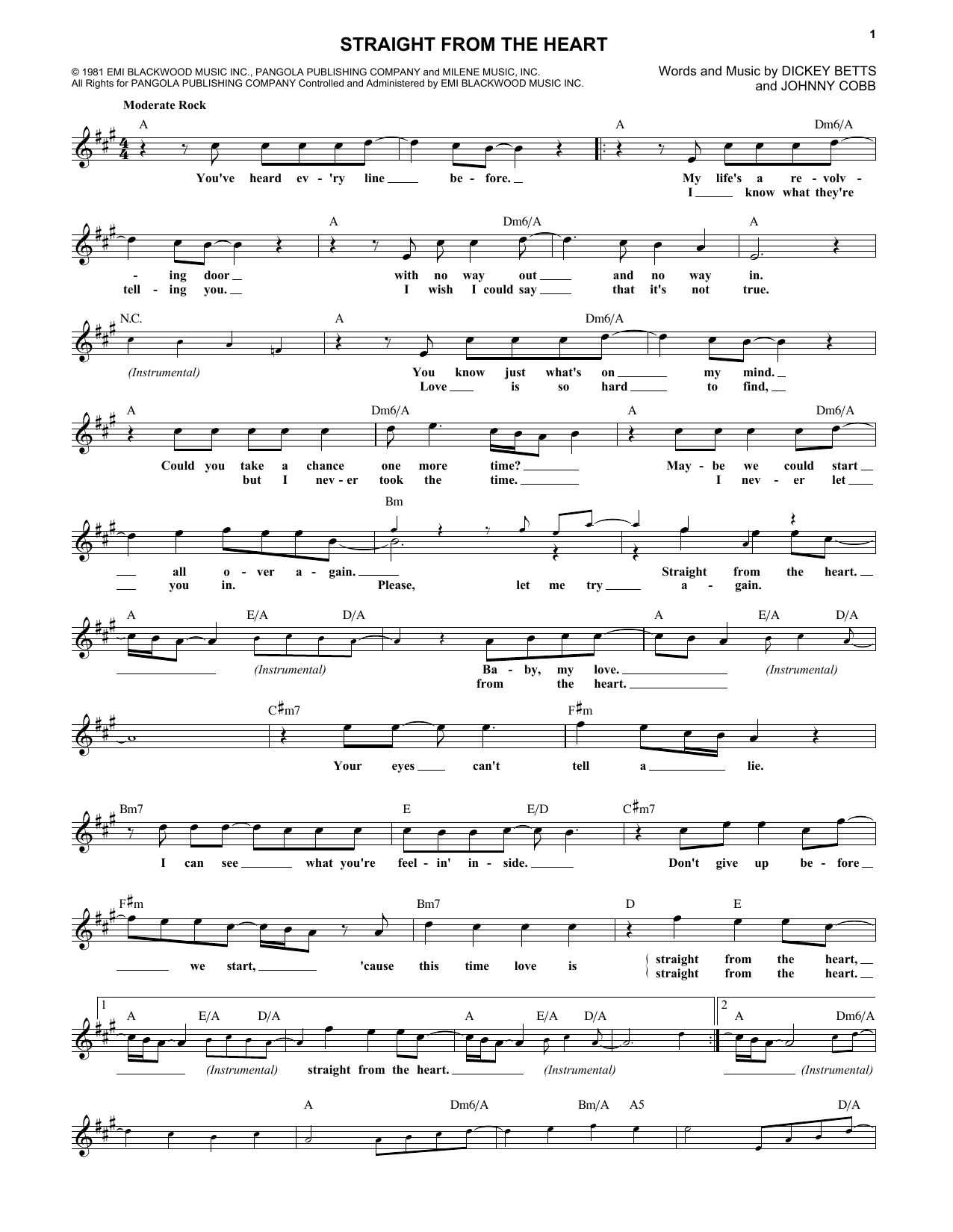 Download The Allman Brothers Band Straight From The Heart Sheet Music and learn how to play Melody Line, Lyrics & Chords PDF digital score in minutes