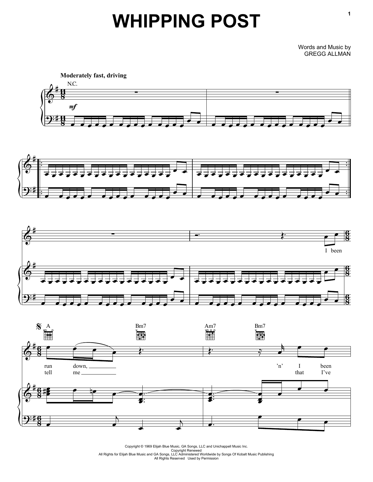 Download The Allman Brothers Band Whipping Post Sheet Music and learn how to play Piano, Vocal & Guitar Chords (Right-Hand Melody) PDF digital score in minutes