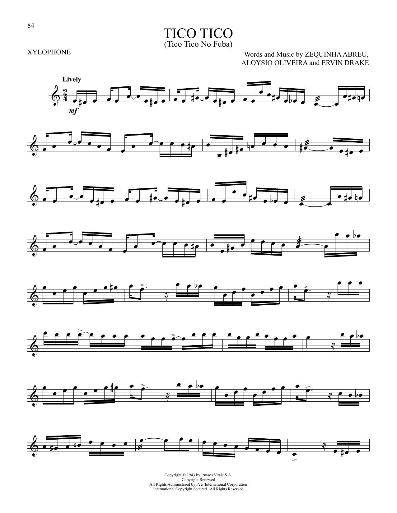 Download The Andrews Sisters Tico Tico (Tico Tico No Fuba) Sheet Music and learn how to play Xylophone Solo PDF digital score in minutes