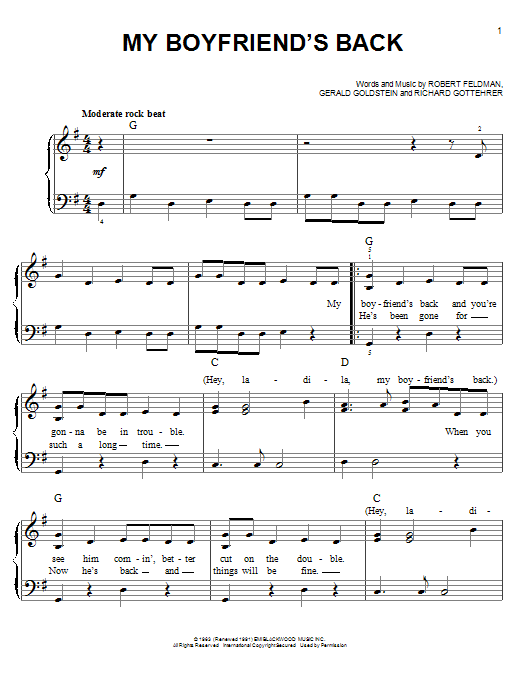 Download The Angels My Boyfriend's Back Sheet Music and learn how to play Melody Line, Lyrics & Chords PDF digital score in minutes