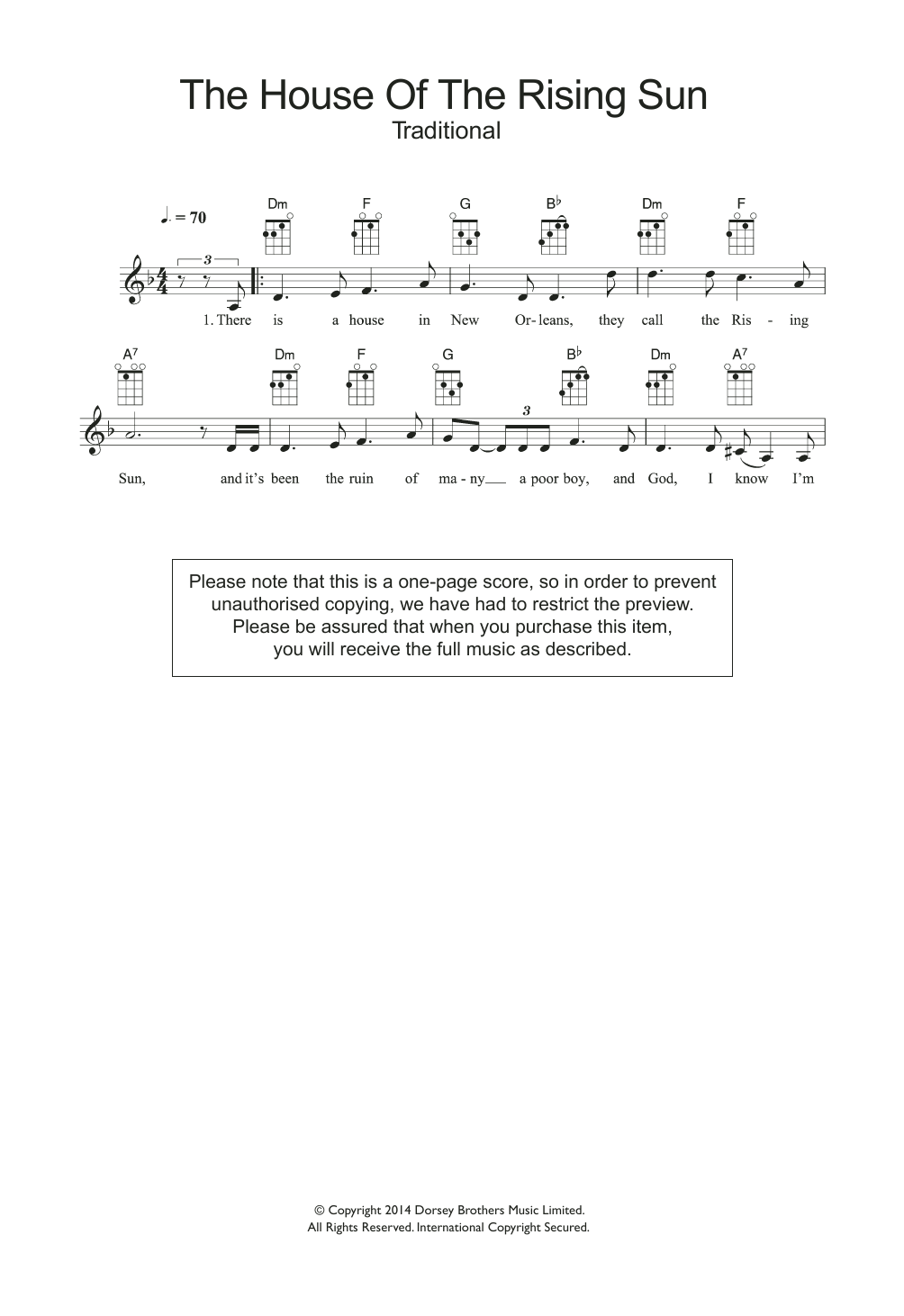 Download The Animals House Of The Rising Sun Sheet Music and learn how to play Ukulele PDF digital score in minutes