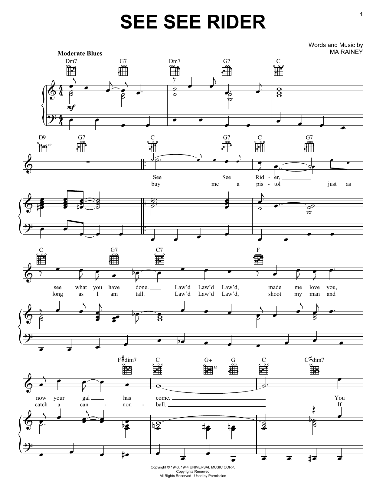 Download The Animals See See Rider Sheet Music and learn how to play Piano, Vocal & Guitar (Right-Hand Melody) PDF digital score in minutes