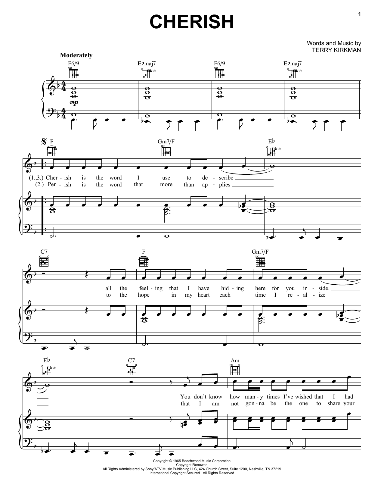 Download The Association Cherish Sheet Music and learn how to play Piano, Vocal & Guitar (Right-Hand Melody) PDF digital score in minutes