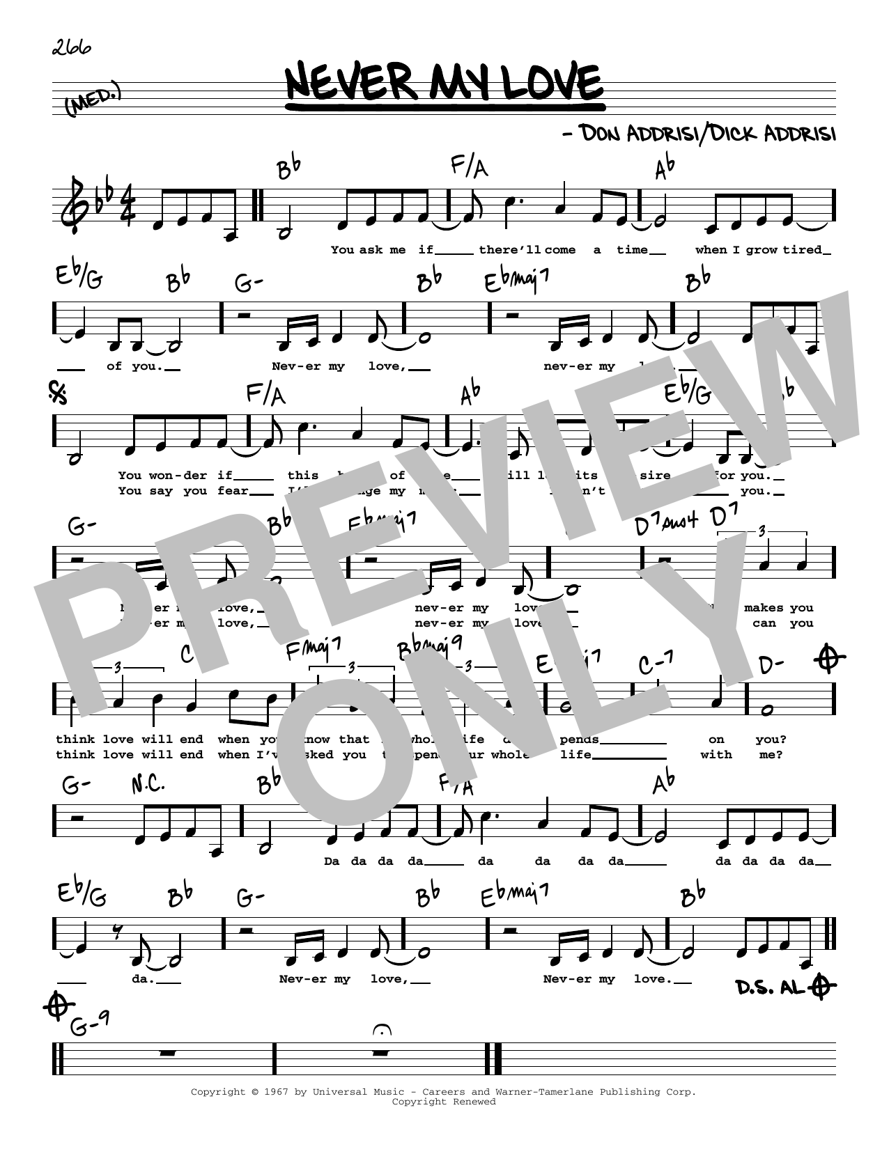 Download The Association Never My Love (Low Voice) Sheet Music and learn how to play Real Book – Melody, Lyrics & Chords PDF digital score in minutes