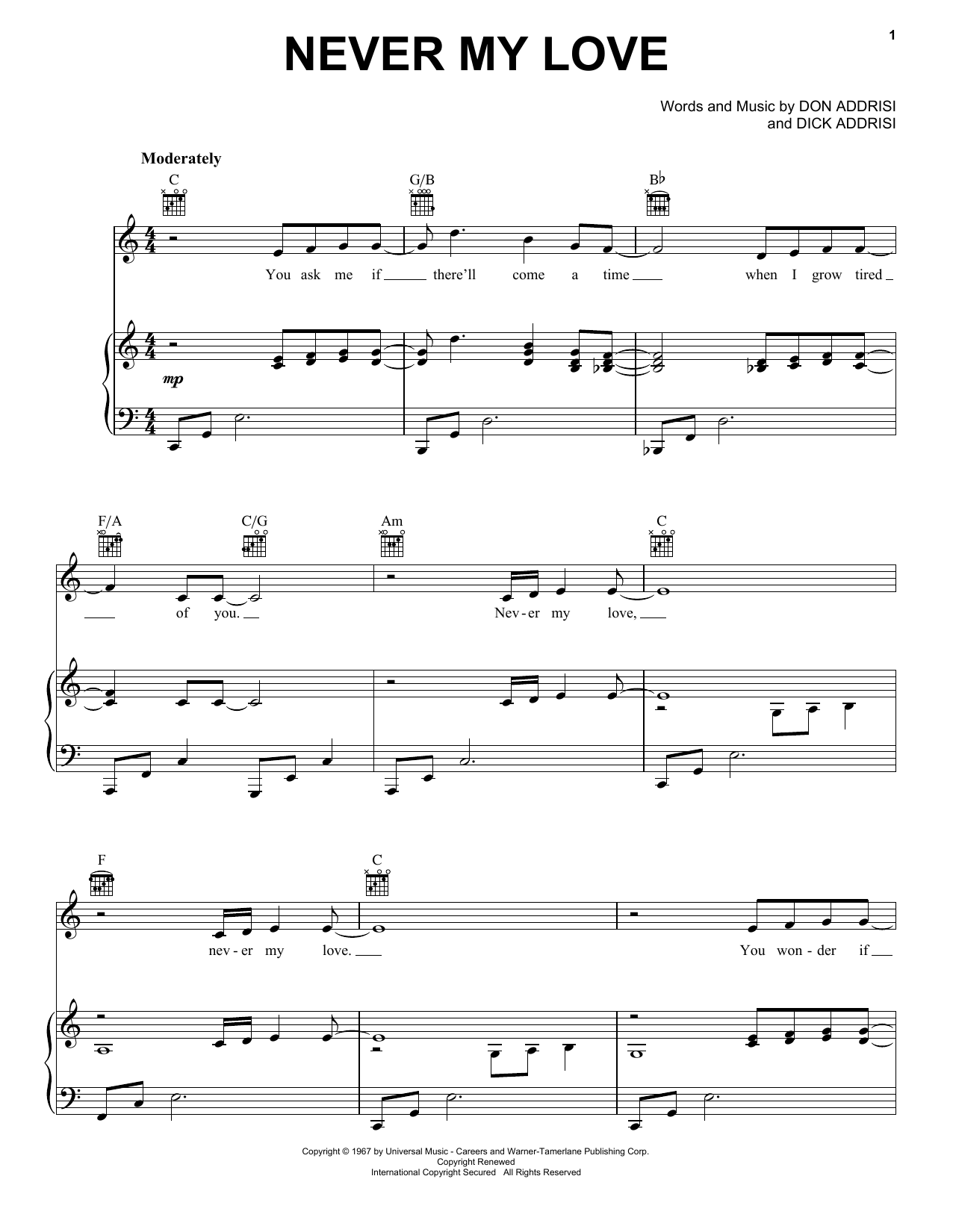 Download The Association Never My Love Sheet Music and learn how to play Real Book – Melody & Chords PDF digital score in minutes