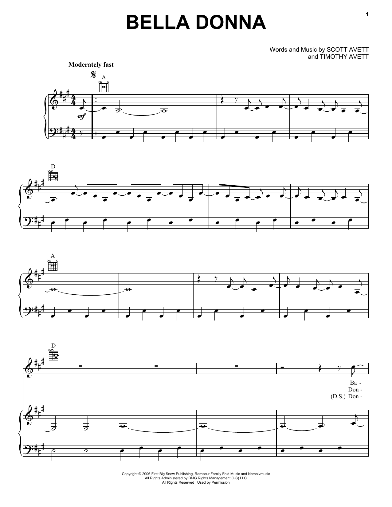 Download The Avett Brothers Bella Donna Sheet Music and learn how to play Piano, Vocal & Guitar (Right-Hand Melody) PDF digital score in minutes